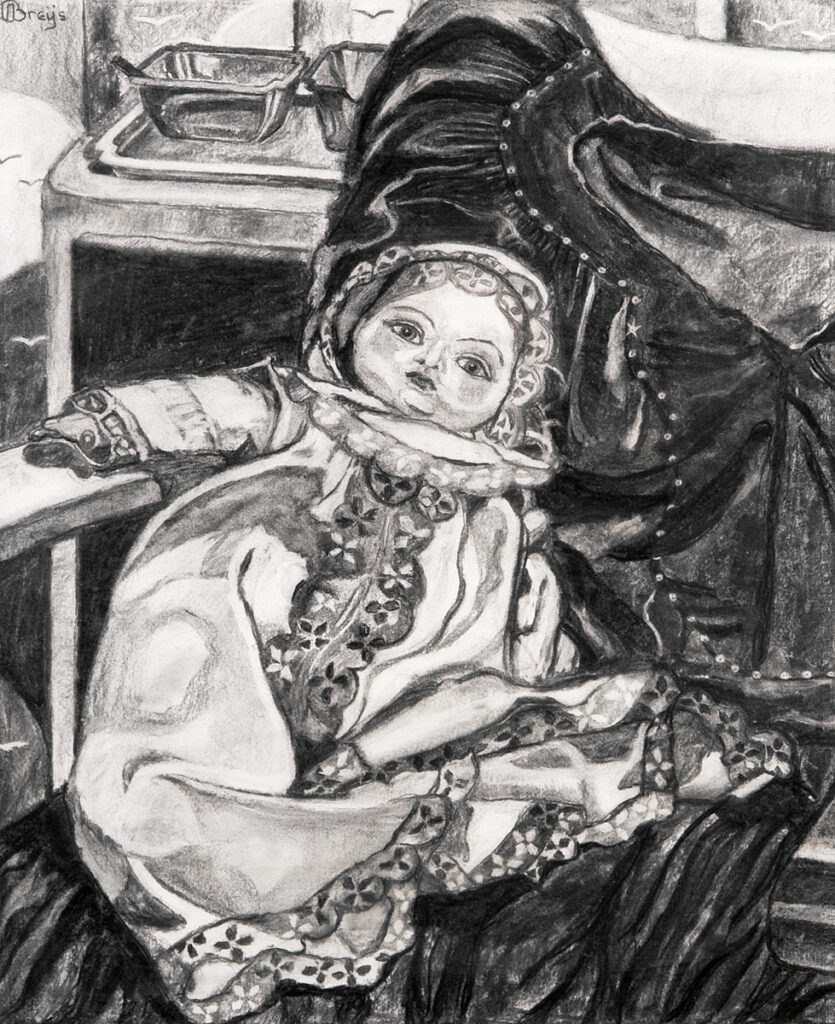 Doll in chair, 49 x 60 cm, charcoal on paper